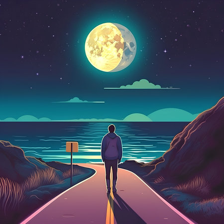 Man walking on the road to the full moon. Vector illustration.の素材