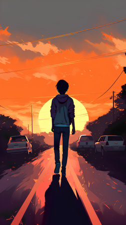 Silhouette of a boy standing on the road at sunset.の素材