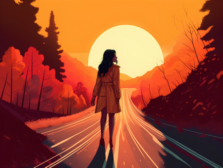 Beautiful woman walking on the road at sunset, vector illustration.の素材
