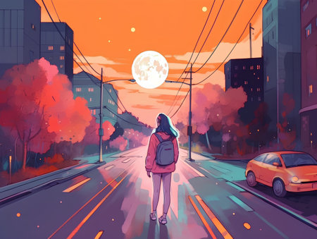 Young woman with backpack walking on the street at night. Vector illustrationの素材