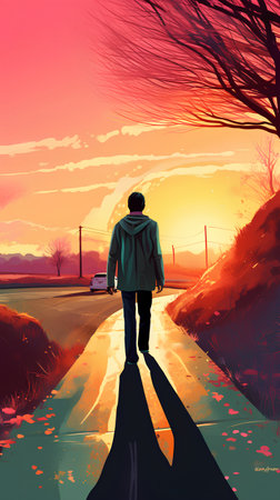 Man on the road at sunset in the countryside. Vector illustration.の素材