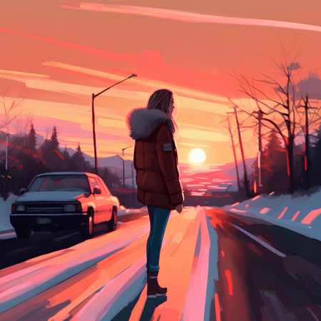 Young woman walking on the road at sunset. Winter landscape. 3d renderingの素材