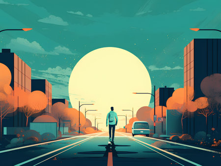 Young woman walking on the street in the city at sunset. Vector illustration.の素材