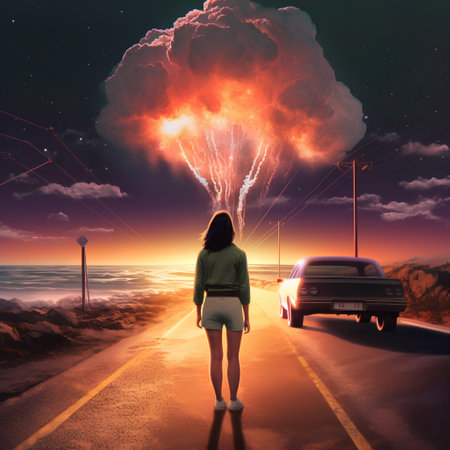 Woman standing on the road and looking at an explosion in the skyの素材