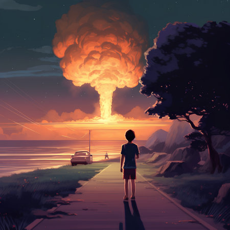 Illustration of a boy standing on the road and looking at the explosionの素材
