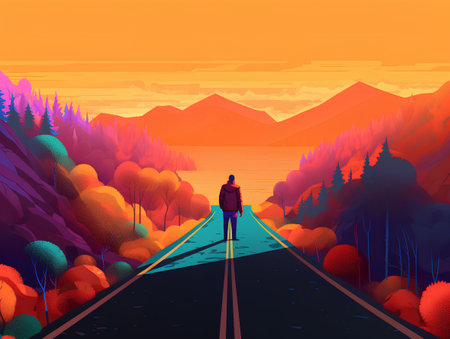 Hiking man on the road in the autumn forest. Vector illustrationの素材