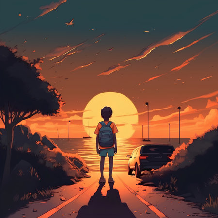 Illustration of a boy with a backpack on the road at sunsetの素材