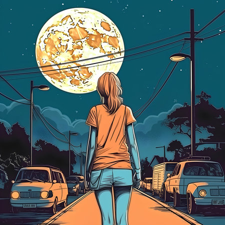Girl on the road at night with full moon. Vector illustration.の素材