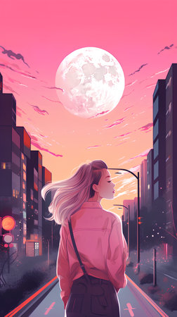 Young woman in the city at night with full moon, vector illustrationの素材