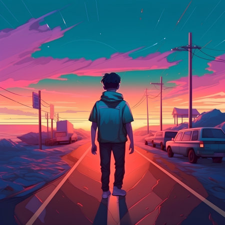 Young man standing on the road and looking at the sunset. Vector illustrationの素材