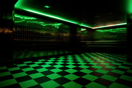 Interior of a dark room with green and black tiles. 3d renderingの素材