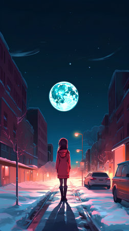 Girl walking on the street with full moon in the background. Vector illustration.の素材
