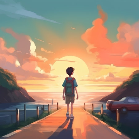 Hiking boy with backpack on the road at sunset, vector illustrationの素材
