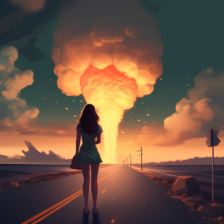 Conceptual image of a woman standing on the road and looking at the big explosionの素材