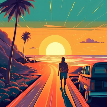 Woman running on the road to the beach at sunset, vector illustrationの素材
