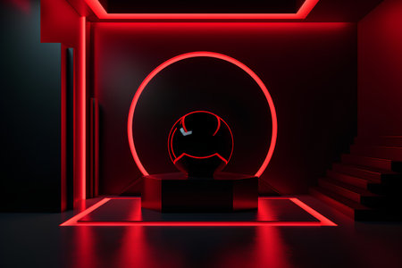 Abstract scene with red neon light. 3D rendering. Futuristic background.の素材
