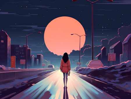 Woman walking on the road at night. Vector illustration in retro style.の素材