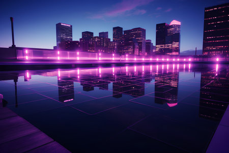 Night city landscape with reflection in the water. 3d illustration.の素材