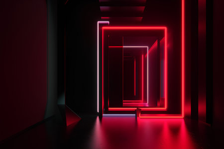 3d render. Futuristic interior corridor with glowing neon lights. Dark room with red walls.の素材