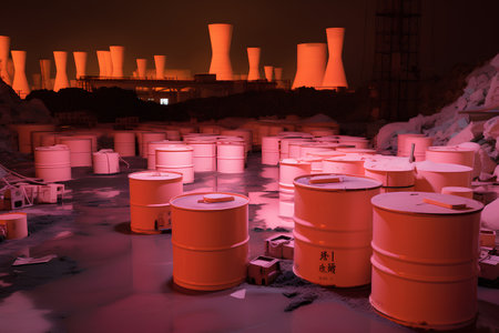 3D rendering of industrial landscape with nuclear power plant and barrels.の素材