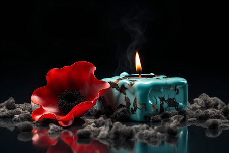 Burning candle with poppy flower on black background. 3d renderingの素材