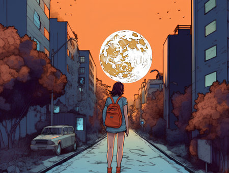 Girl with a backpack on the background of the night city. Vector illustrationの素材
