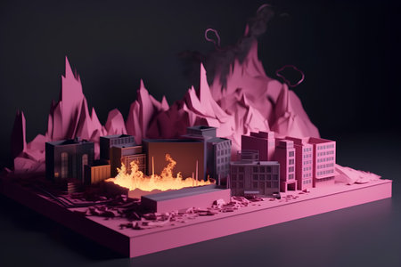 3d illustration of city destroyed by fire. Global warming concept.