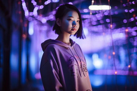 Portrait of a beautiful asian woman in purple hoodie.の素材