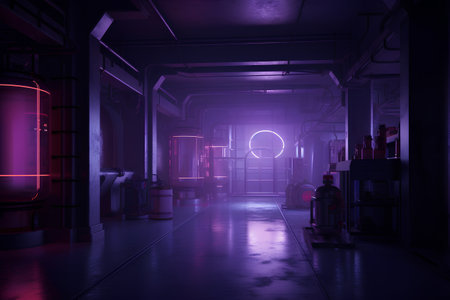 3D rendering of an industrial interior with neon lights and equipment.の素材