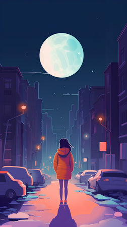 Night city landscape with a woman walking along the street, vector illustrationの素材