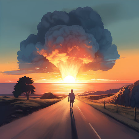 Man standing on the road and looking at the explosion in the sunsetの素材