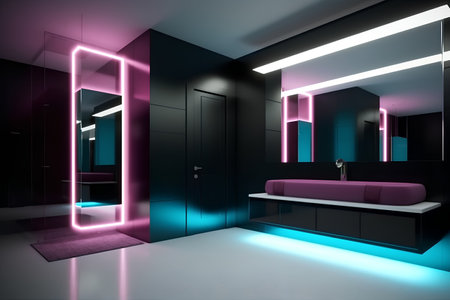 interior of modern bathroom with black and purple lighting, 3d renderの素材