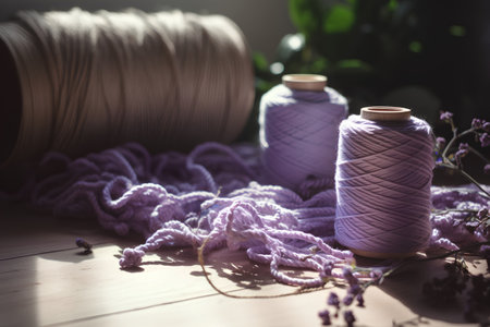 Wool yarn and knitting needles on a wooden table, selective focusの素材