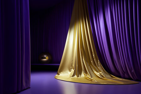 Purple stage with gold curtains and golden spotlight. 3d renderの素材