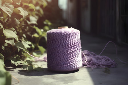 Spool of purple thread on the cement floor in the garden.の素材