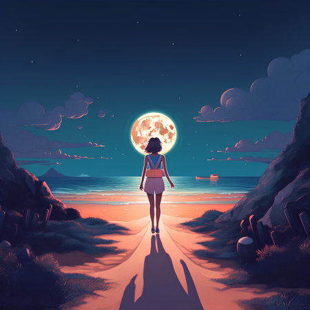 Girl walking on the path to the sea and the full moon. Vector illustrationの素材