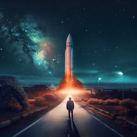 Back view of man standing on asphalt road and looking at space rocketの素材