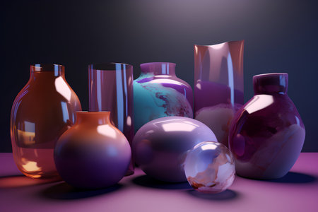 3d render of colorful glass vases in purple and blue tonesの素材