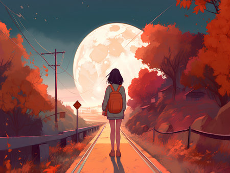 Young woman walking on the road in autumn forest at night. Vector illustrationの素材