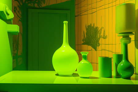 Interior of a modern room with green glass vases. 3D renderingの素材