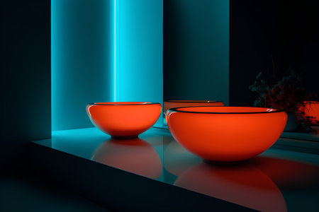 3d rendering of two orange ceramic vases in a dark roomの素材