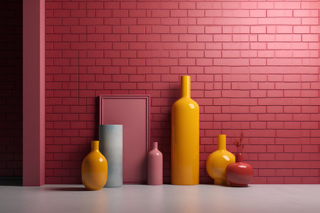 Minimalist interior with red brick wall and vases. 3d renderingの素材