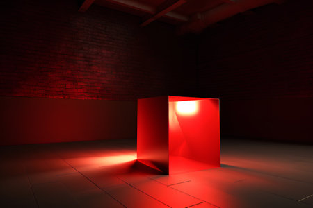 A 3d rendering of a red door in a room with bricksの素材