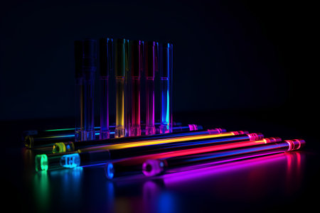 3d render of multicolored pens on a black background.の素材