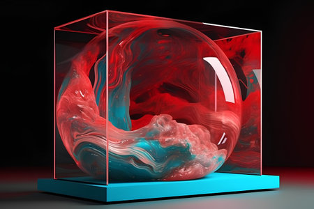 3d illustration of abstract geometric background with glass cube and red wavesの素材