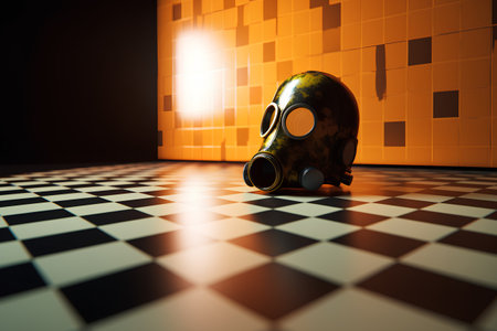 3d rendering of a gas mask in a room with tiles.の素材