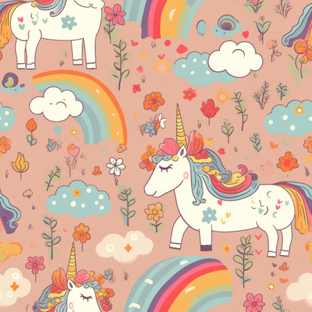 Seamless pattern with cute unicorns, rainbow, clouds and flowers. Vector illustrationの素材