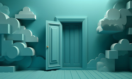 3d rendering of a closed door in a green room with cloudsの素材