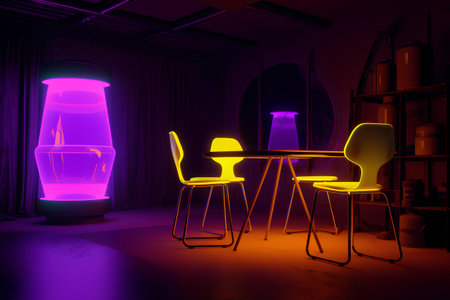 Interior of a cafe in neon light. 3D rendering.の素材