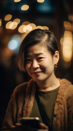 Portrait of a beautiful asian woman using mobile phone at nightの素材